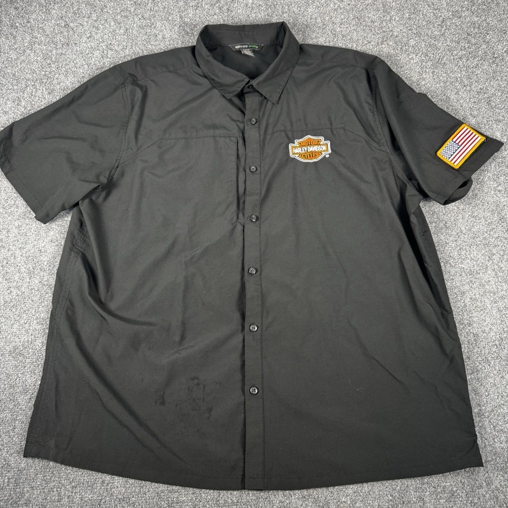 Harley Davidson Motorcycles Button Up Shirt XXL USA Flag Bert's Barracuda